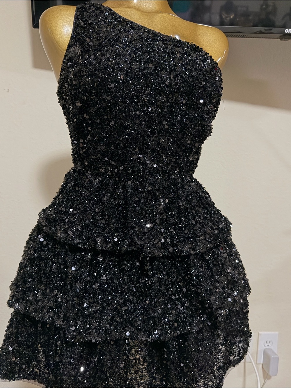 Girls One-Shoulder Black Sequin Tiered Party Dress